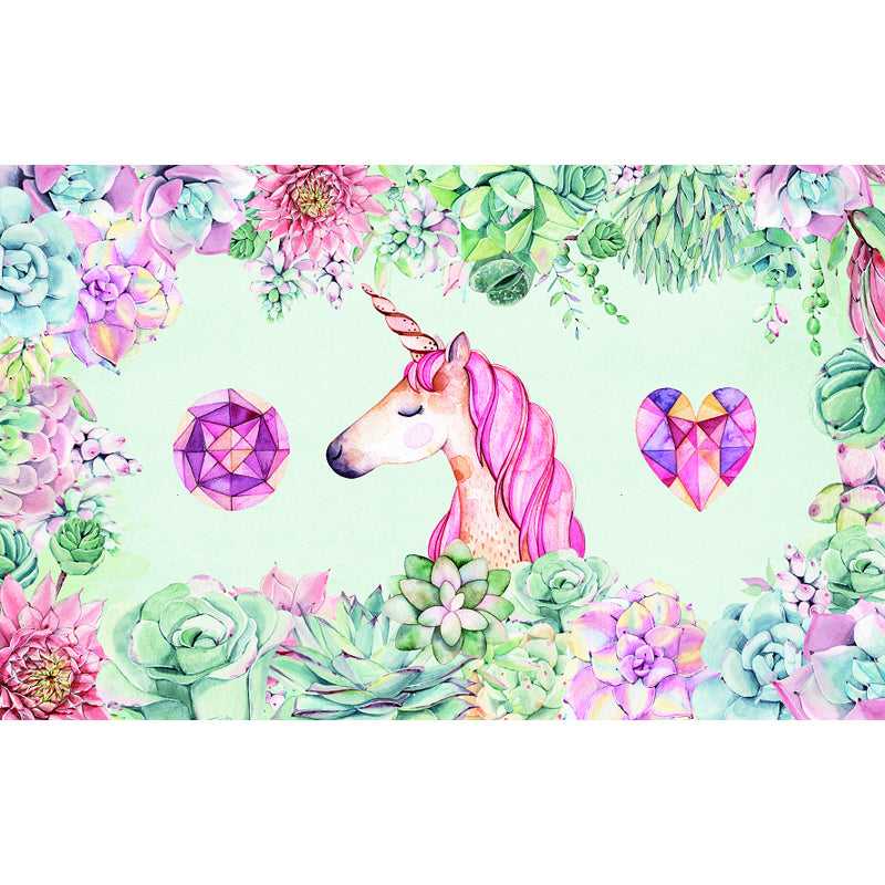 Kids Flower Border Unicorn Mural Green and Pink Waterproofing Wall Art for Nursery