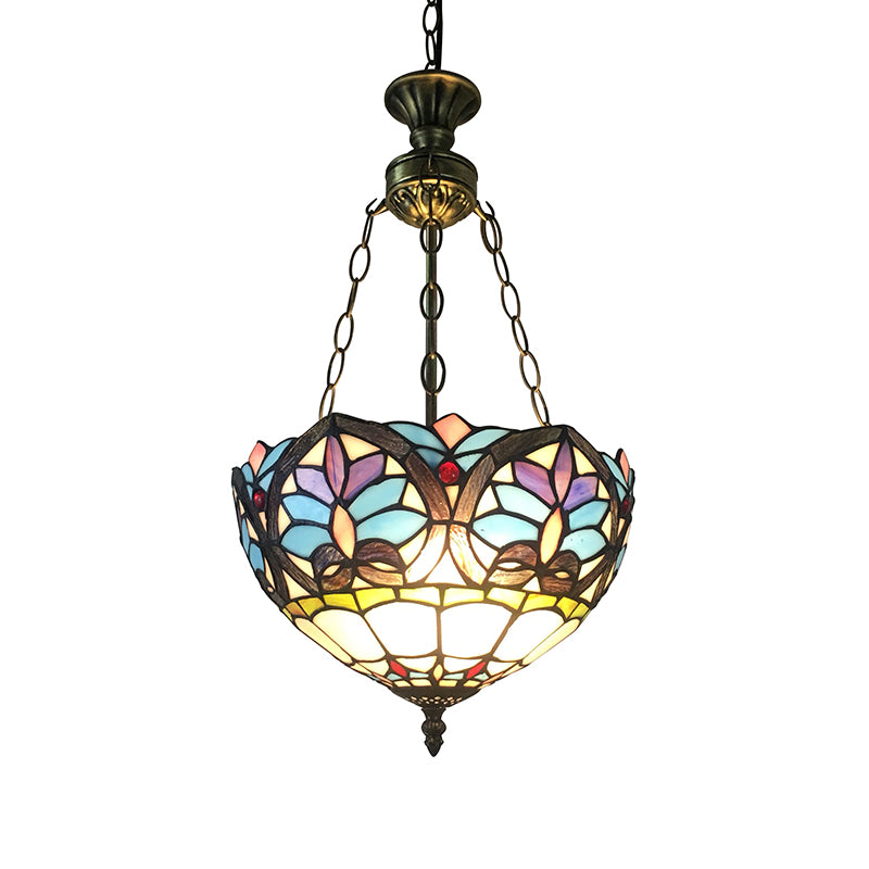 Small LED Pendant Lights, Adjustable 2 Lights Bowl Ceiling Fixture in Antique Brass with Metal Chain and Stained Glass Shade Baroque Style