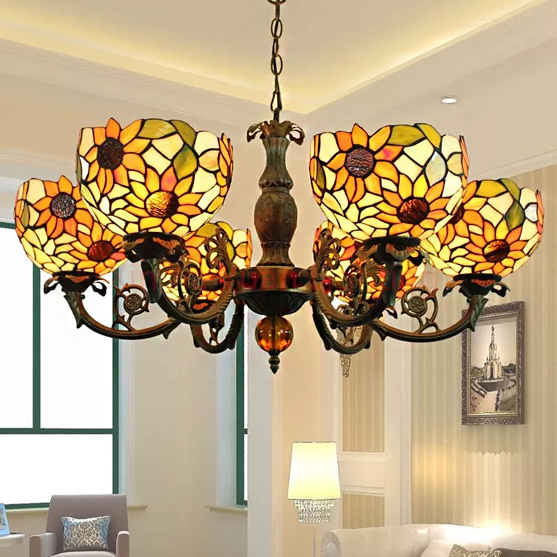 Large Chandeliers for Living Room, 6-Lights Sunflower Pendant Lighting with Stained Glass Shade Tiffany Style