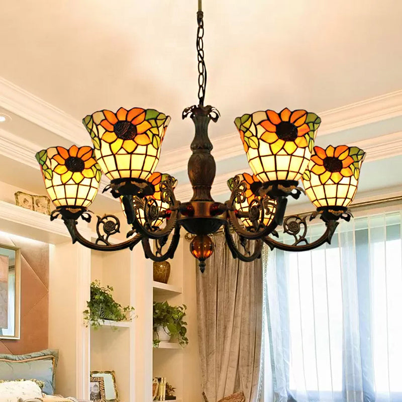 Large Chandeliers for Living Room, 6-Lights Sunflower Pendant Lighting with Stained Glass Shade Tiffany Style