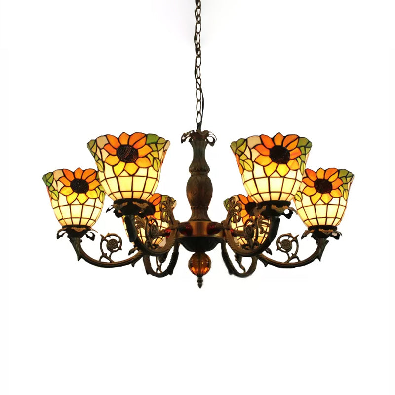 Large Chandeliers for Living Room, 6-Lights Sunflower Pendant Lighting with Stained Glass Shade Tiffany Style