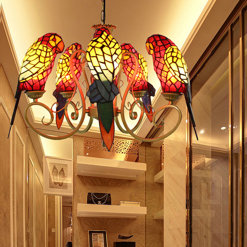 Chandeliers for Living Room, 5-Light Parrots Ceiling Light Fixture with Mosaic Shade Tiffany Style