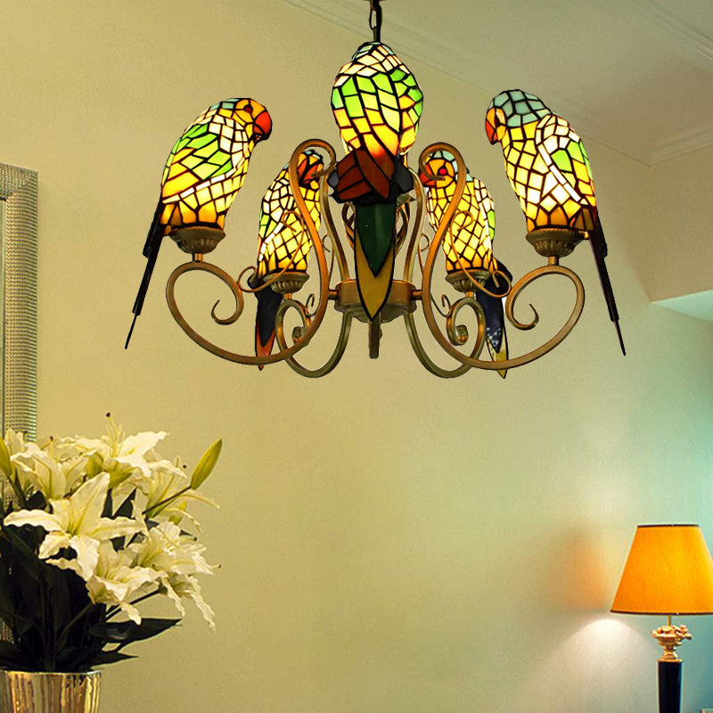 Chandeliers for Living Room, 5-Light Parrots Ceiling Light Fixture with Mosaic Shade Tiffany Style