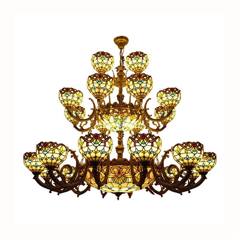 Tiffany Bowl Chandelier 3 Tiers Upward Lighting Bedroom Living Room Hanging Lighting in Bronze Finish