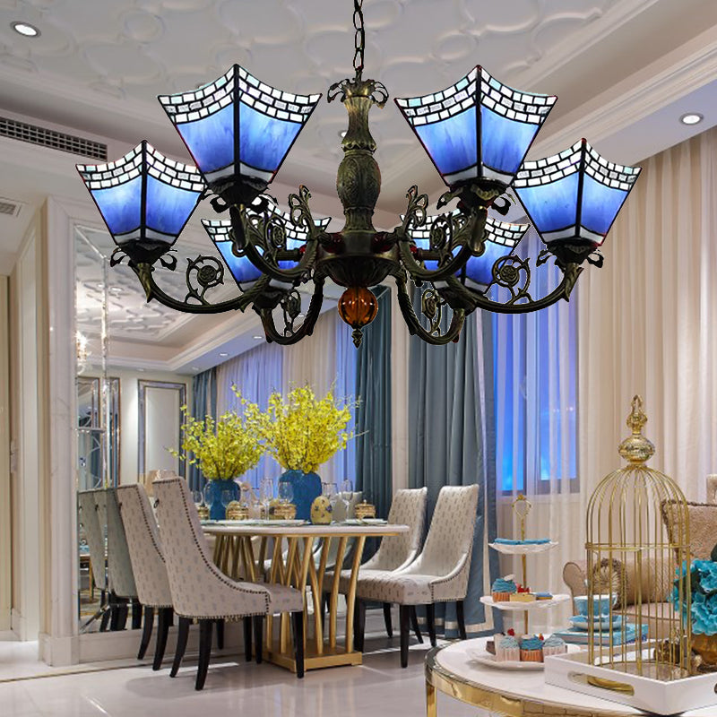 Chandeliers for Dining Rooms with Chain, 6 Lights Geometric Hanging Fixture with Art Glass Shade Tiffany Style