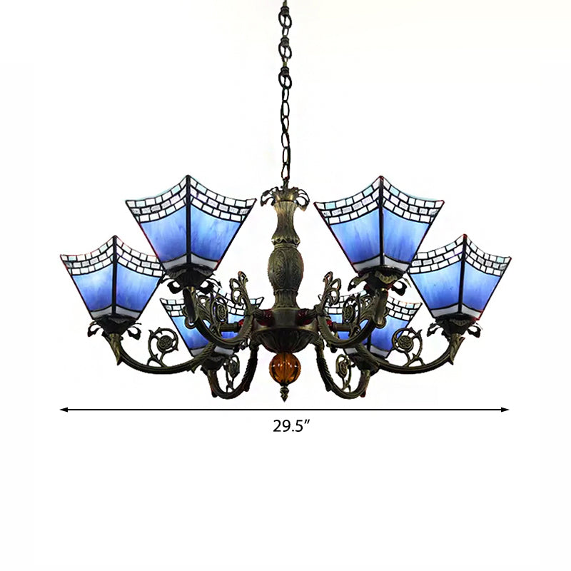 Chandeliers for Dining Rooms with Chain, 6 Lights Geometric Hanging Fixture with Art Glass Shade Tiffany Style