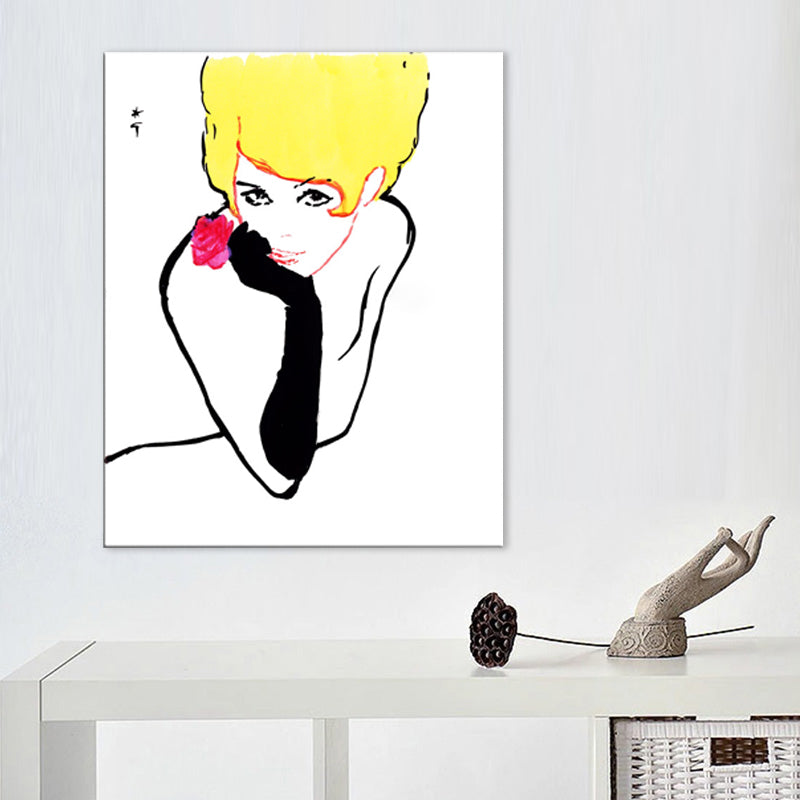 Pop Art Blonde Beauty Canvas Print Yellow-Black Textured Wall Decor for Living Room