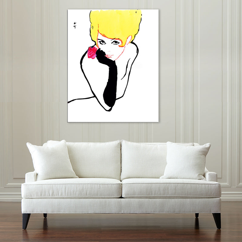 Pop Art Blonde Beauty Canvas Print Yellow-Black Textured Wall Decor for Living Room