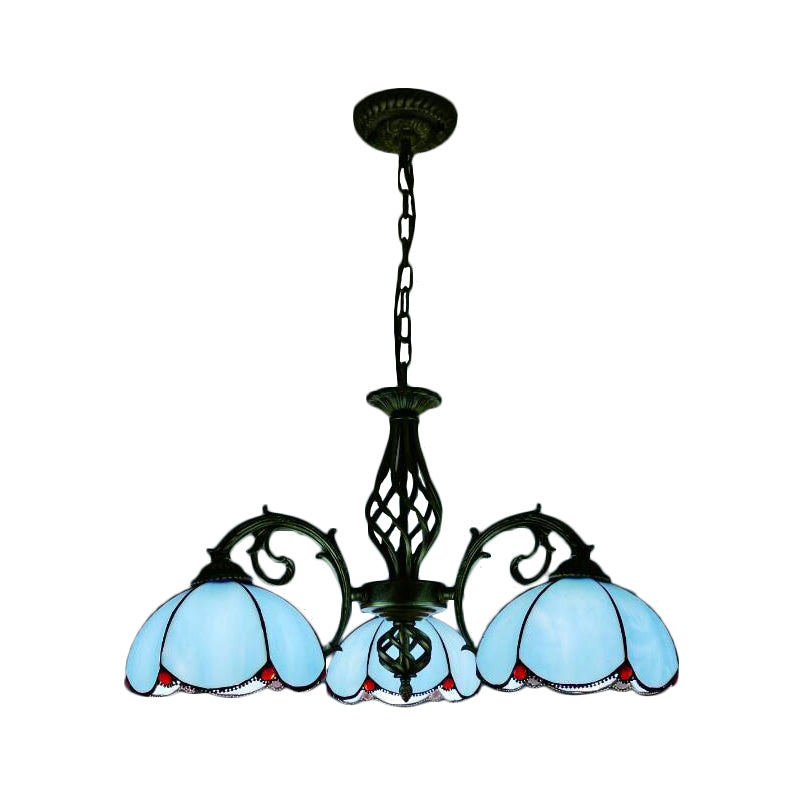 Tiffany Chandelier, 3-Lights Floral Ceiling Pendant Lamp for Dining Table with Adjustable Chain in Blue