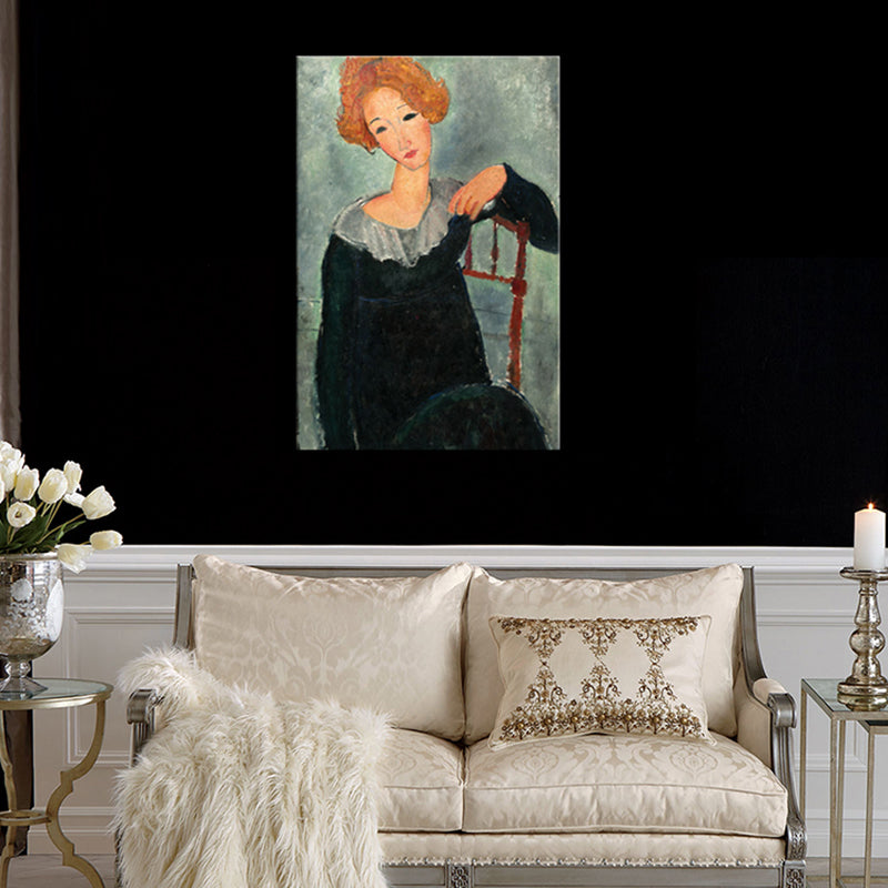 Portrait Wall Art Print Study Room Woman with Red Hair Canvas Blue Textured (Multiple Sizes)