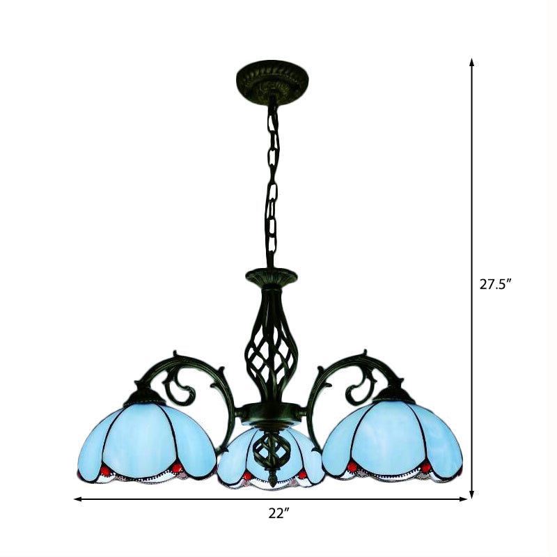 Tiffany Chandelier, 3-Lights Floral Ceiling Pendant Lamp for Dining Table with Adjustable Chain in Blue