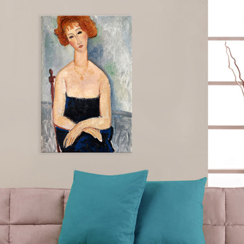 Portrait Wall Art Print Study Room Woman with Red Hair Canvas Blue Textured (Multiple Sizes)