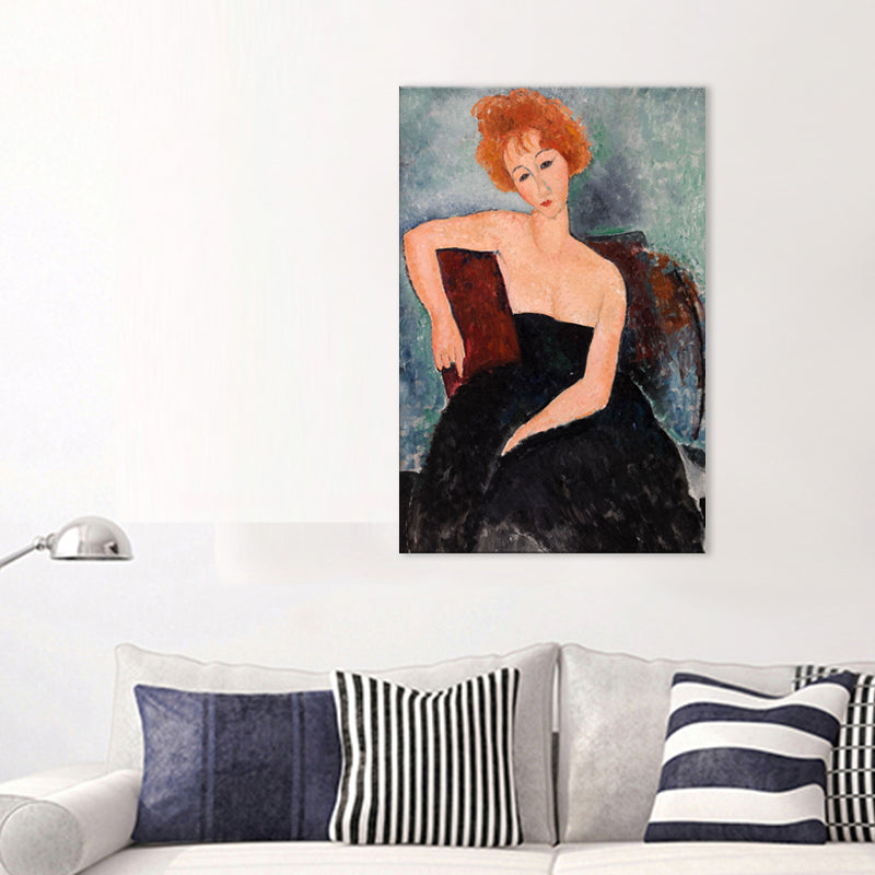 Portrait Wall Art Print Study Room Woman with Red Hair Canvas Blue Textured (Multiple Sizes)