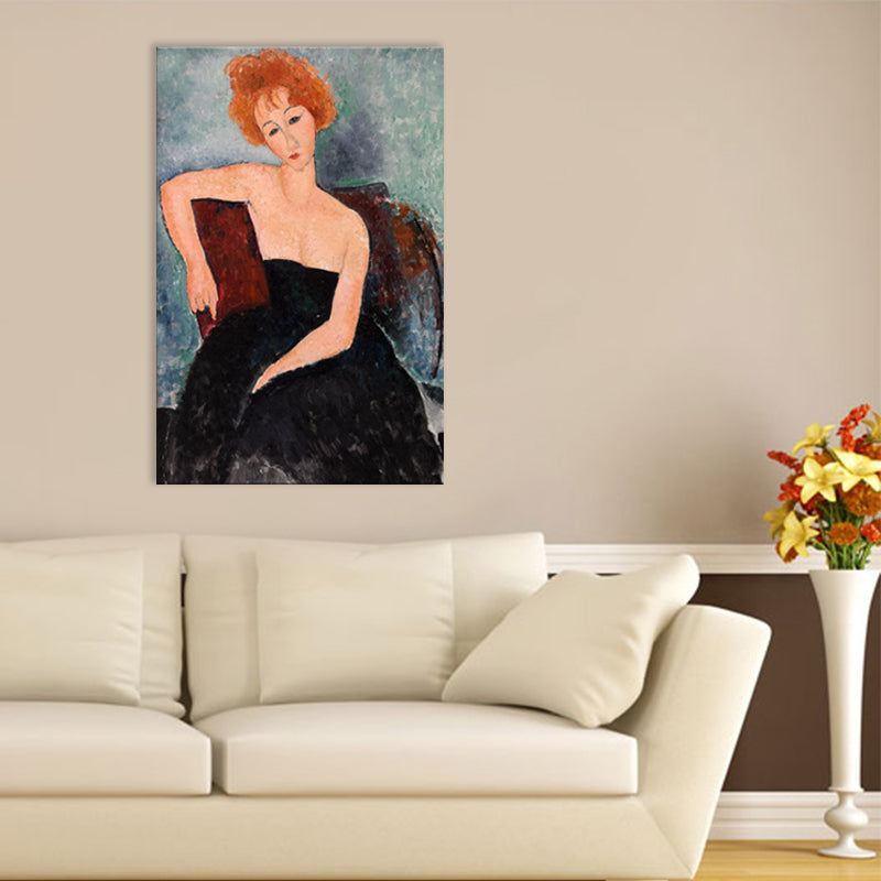 Portrait Wall Art Print Study Room Woman with Red Hair Canvas Blue Textured (Multiple Sizes)