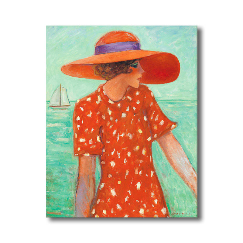 Canvas Textured Wall Art Countryside Woman by the Sea Painting in Soft Color for Living Room