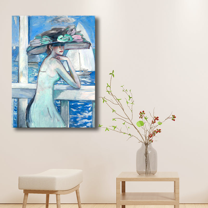 Canvas Textured Wall Art Countryside Woman by the Sea Painting in Soft Color for Living Room