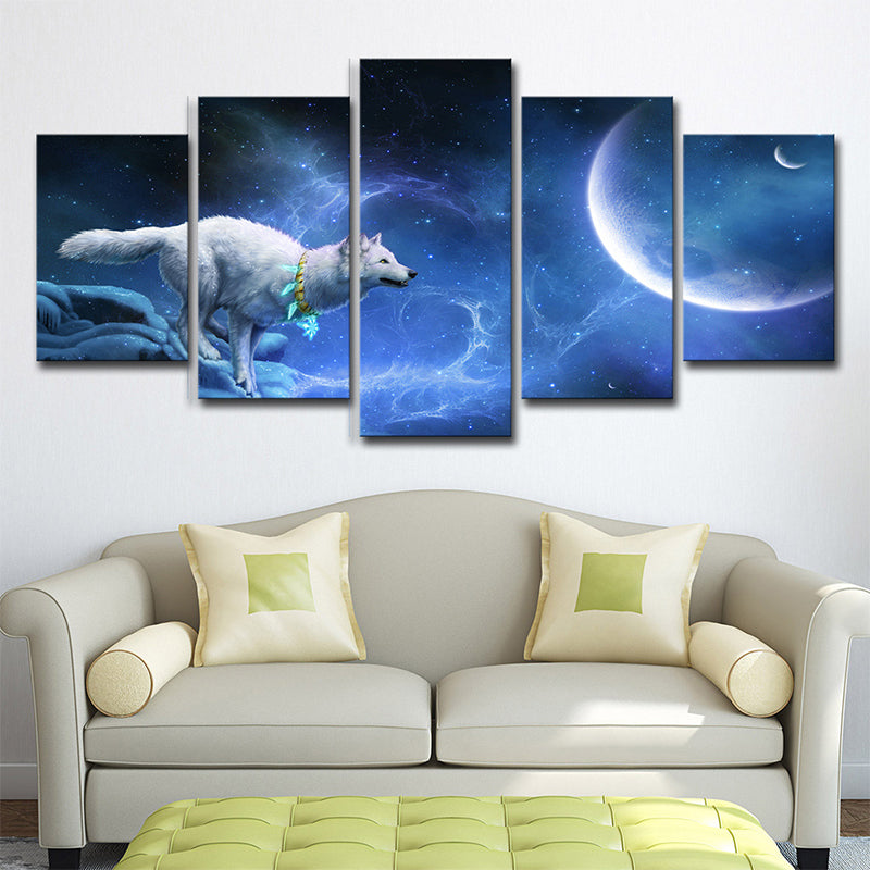 Digital Print Childrens Art Canvas with White Wolf Chasing Moon Night Scenery, Blue