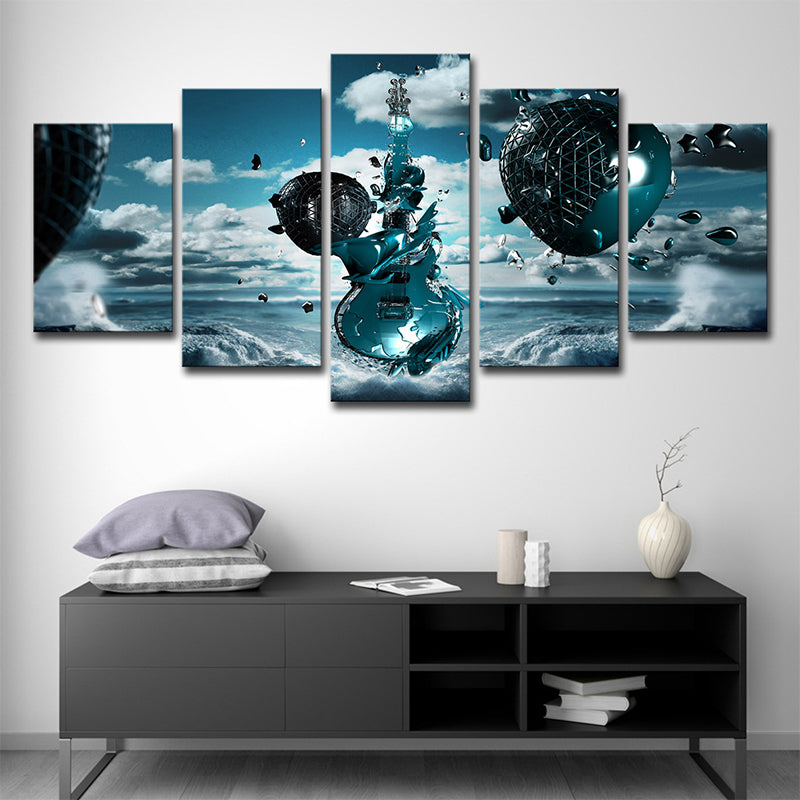 Sky Frozen Guitar Canvas Print Blue Modern Style Wall Art Decor for Boys Bedroom