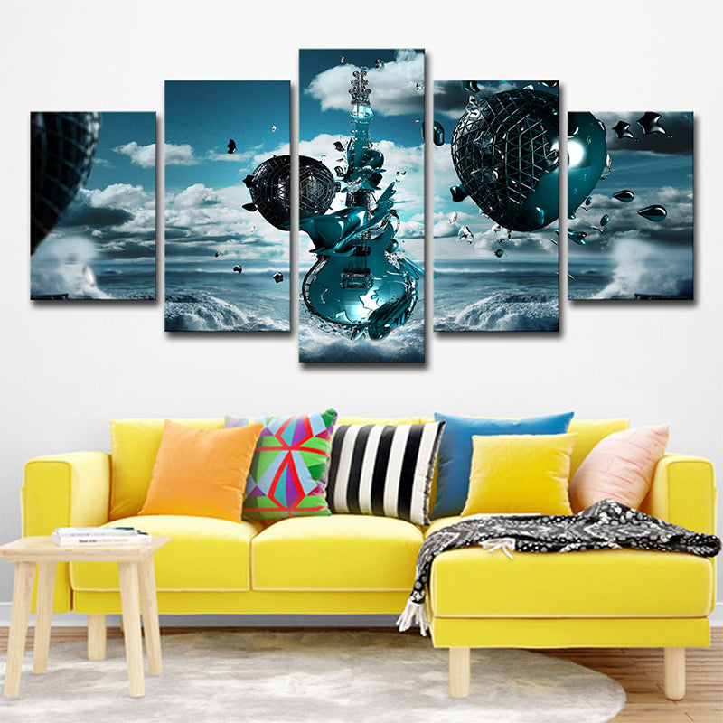 Sky Frozen Guitar Canvas Print Blue Modern Style Wall Art Decor for Boys Bedroom