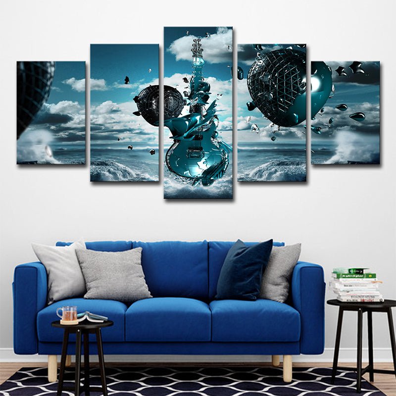 Sky Frozen Guitar Canvas Print Blue Modern Style Wall Art Decor for Boys Bedroom