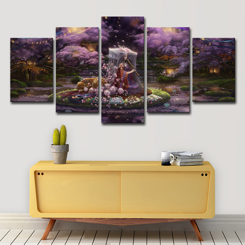 Canvas Purple Art Print Cartoon Fairy with Cherry Blossom Game Scene Wall Decor for Room