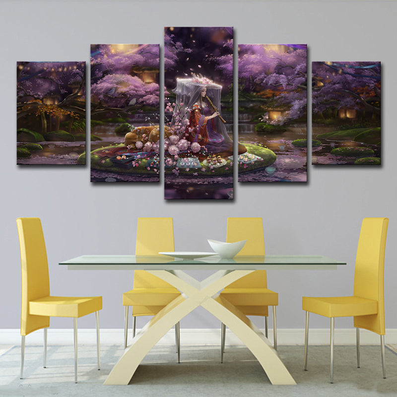 Canvas Purple Art Print Cartoon Fairy with Cherry Blossom Game Scene Wall Decor for Room