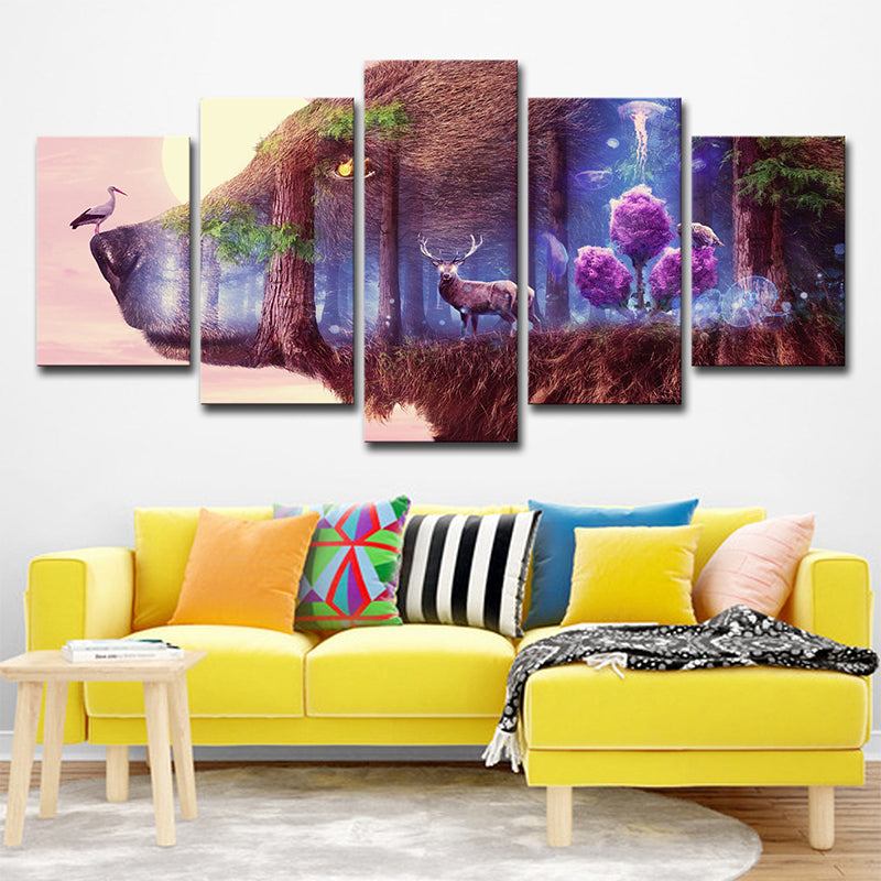 Purple Deer and Wolf Canvas Multi-Piece Modern Style Sitting Room Wall Art