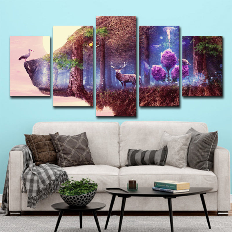 Purple Deer and Wolf Canvas Multi-Piece Modern Style Sitting Room Wall Art