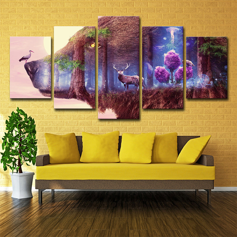 Purple Deer and Wolf Canvas Multi-Piece Modern Style Sitting Room Wall Art