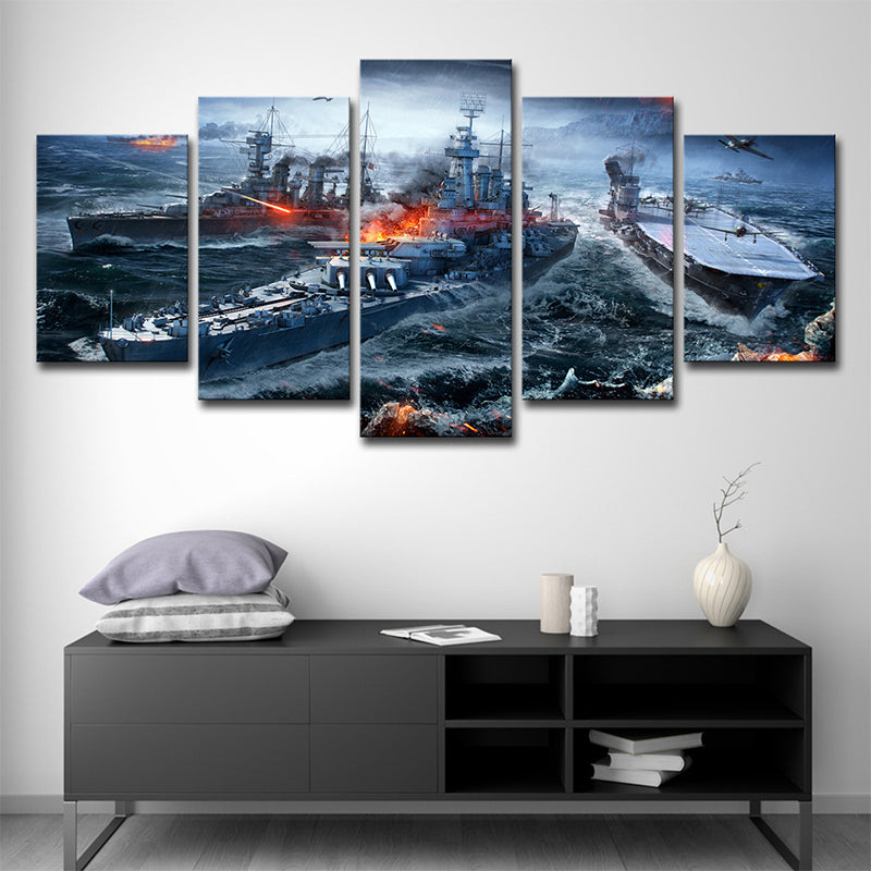 Modern Game Scene Warship Canvas Blue Multi-Piece Wall Art Print for Boys Bedroom