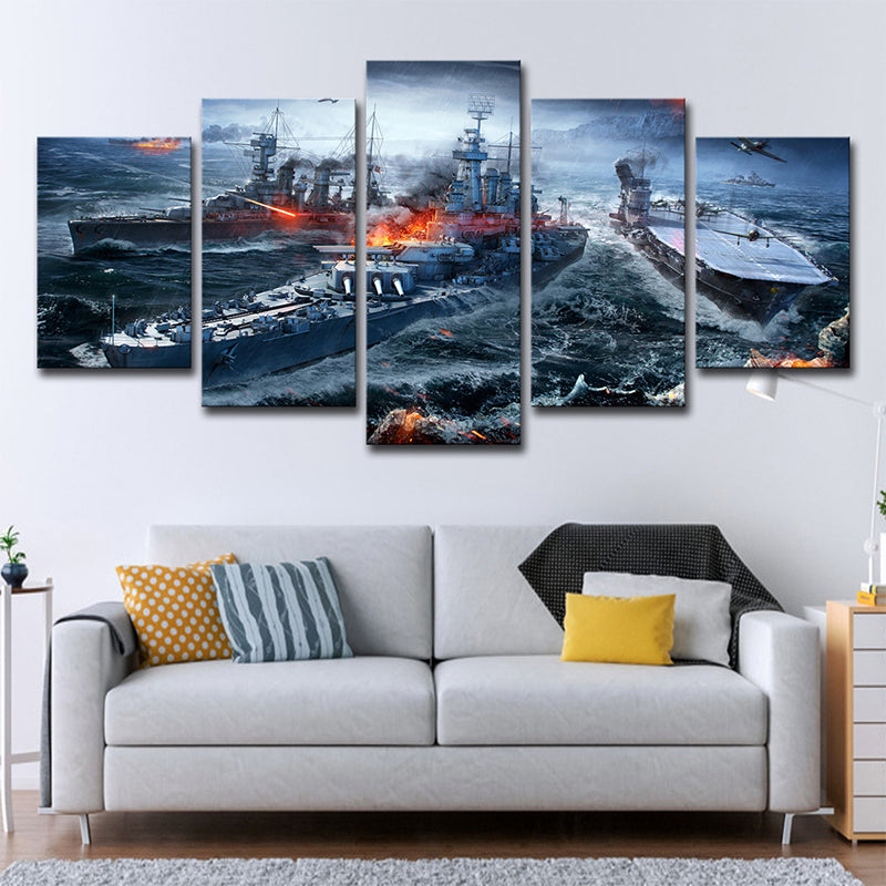 Modern Game Scene Warship Canvas Blue Multi-Piece Wall Art Print for Boys Bedroom