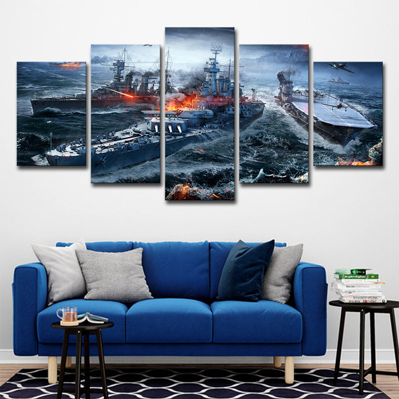 Modern Game Scene Warship Canvas Blue Multi-Piece Wall Art Print for Boys Bedroom