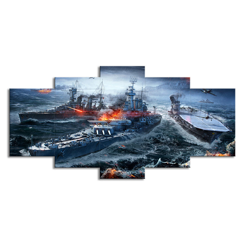 Modern Game Scene Warship Canvas Blue Multi-Piece Wall Art Print for Boys Bedroom