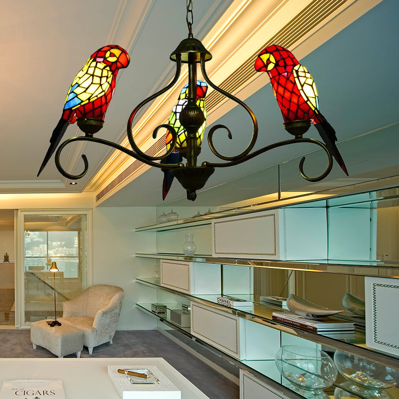 Lustres en vitraux pour salles à manger, luminaire de plafond en laiton antique avec conception de perroquet Tiffany Style