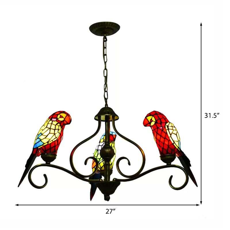 Stained Glass Chandeliers for Dining Rooms, Ceiling Light Fixture in Antique Brass with Parrot Design Tiffany Style