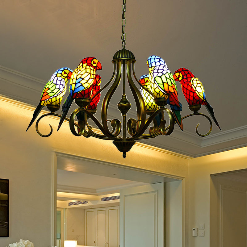 Stained Glass Chandeliers for Dining Rooms, Ceiling Light Fixture in Antique Brass with Parrot Design Tiffany Style