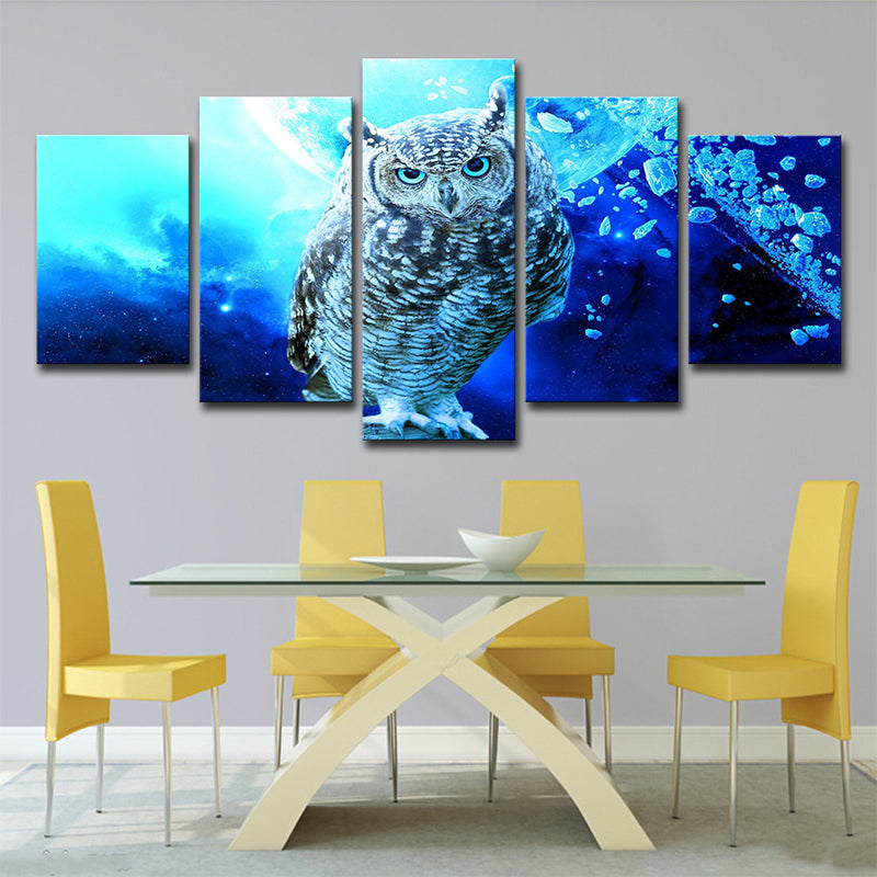 Multi-Piece Blue Wall Art Modern Owl and Night Scenery Canvas Print for Dining Room