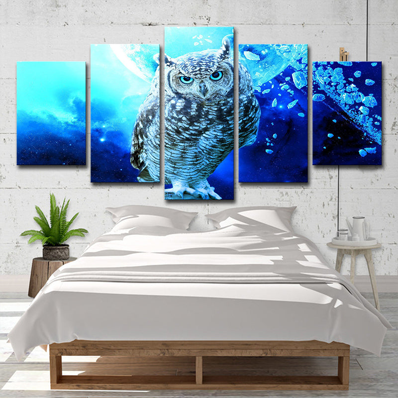 Multi-Piece Blue Wall Art Modern Owl and Night Scenery Canvas Print for Dining Room