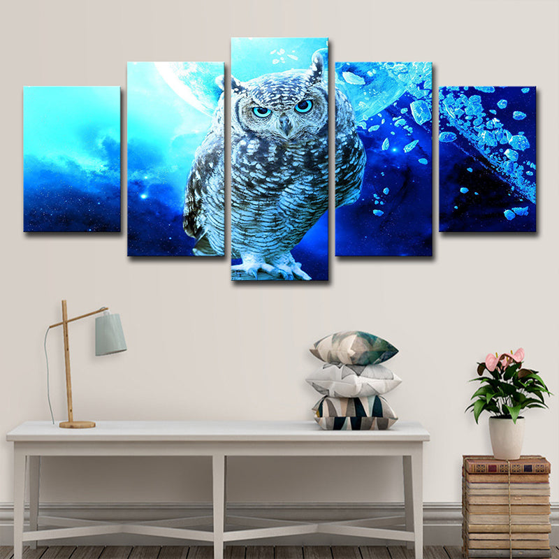 Multi-Piece Blue Wall Art Modern Owl and Night Scenery Canvas Print for Dining Room