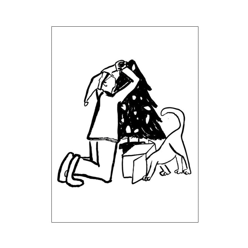 Man Playing with Dog Art Print Minimalist Canvas Wall Decor in Black-White for Bedroom