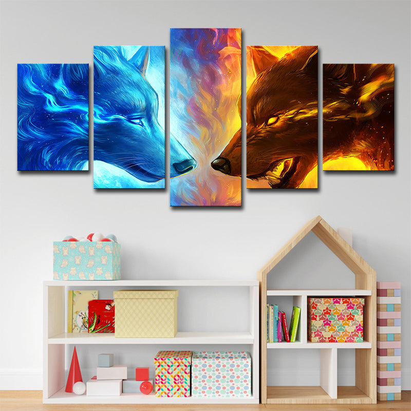 Ice and Fire Wolf Canvas Modern Multi-Piece Boys Bedroom Wall Art Print in Blue-Yellow