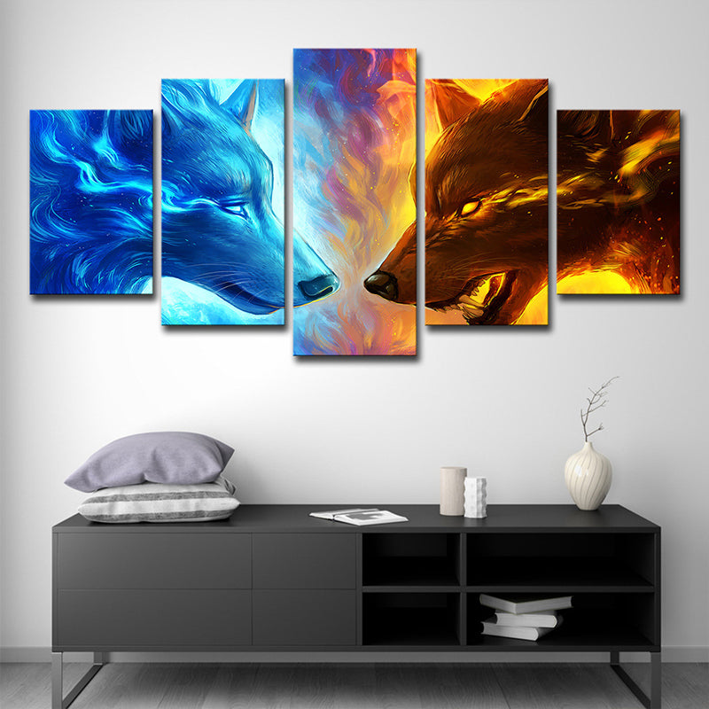 Ice and Fire Wolf Canvas Modern Multi-Piece Boys Bedroom Wall Art Print in Blue-Yellow