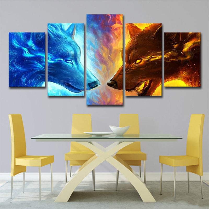 Ice and Fire Wolf Canvas Modern Multi-Piece Boys Bedroom Wall Art Print in Blue-Yellow