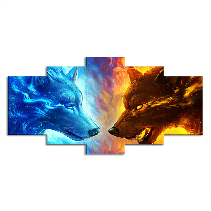 Ice and Fire Wolf Canvas Modern Multi-Piece Boys Bedroom Wall Art Print in Blue-Yellow