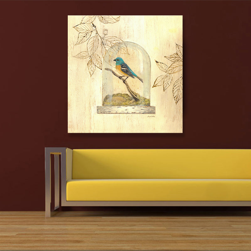 Traditional Leaf and Birdcage Painting Canvas Yellow Charcoal Drawings Wall Decor