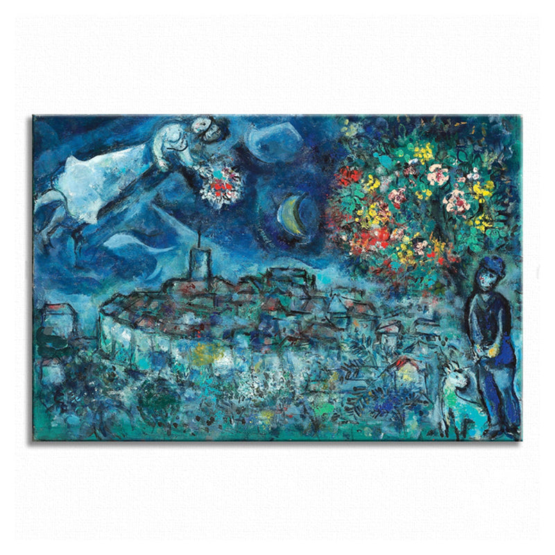 Lover and Flower Canvas Print Countryside Textured Living Room Wall Art in Blue for Bedroom