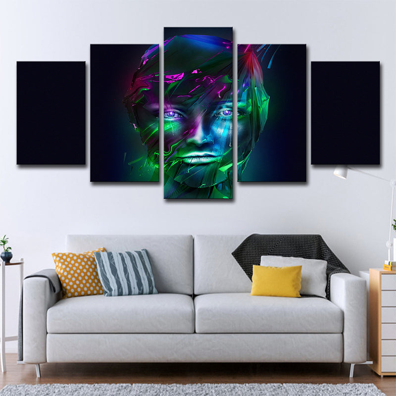 Girls Face Wall Decoration Green and Purple Canvas Art Print on Black, Multi-Piece