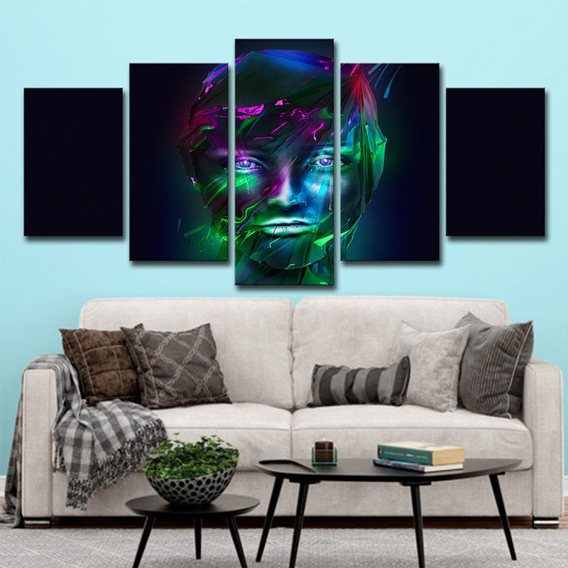 Girls Face Wall Decoration Green and Purple Canvas Art Print on Black, Multi-Piece