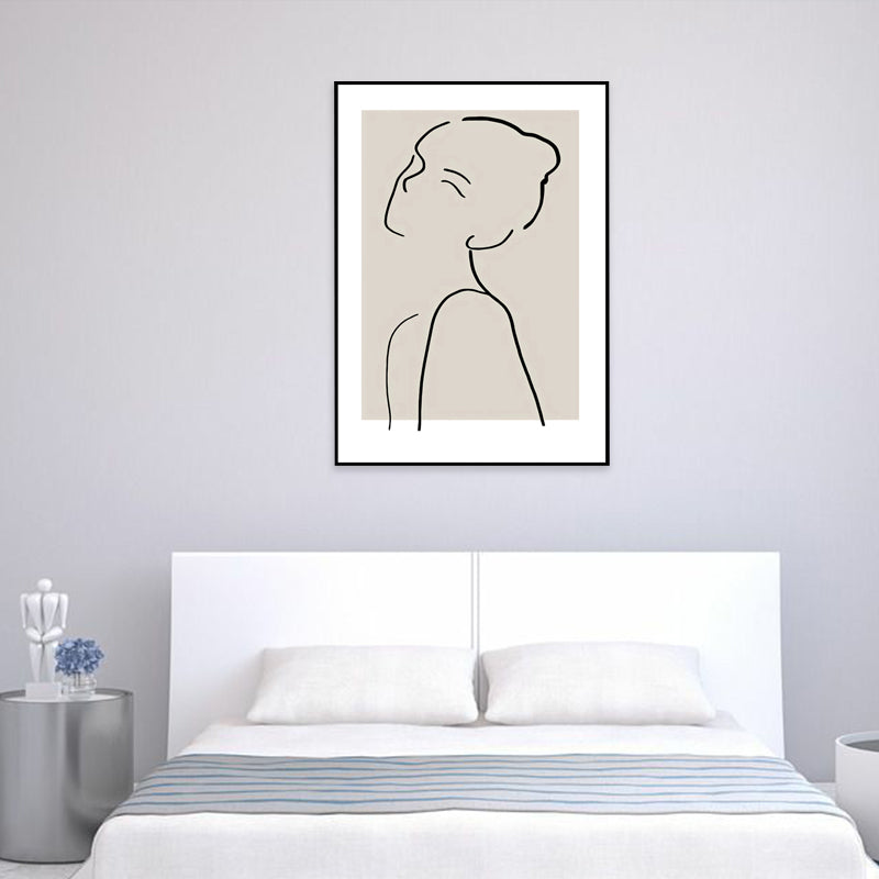 Elegant Woman Line Drawing Canvas Wall Art for Girls Bedroom, Beige and Black, Textured