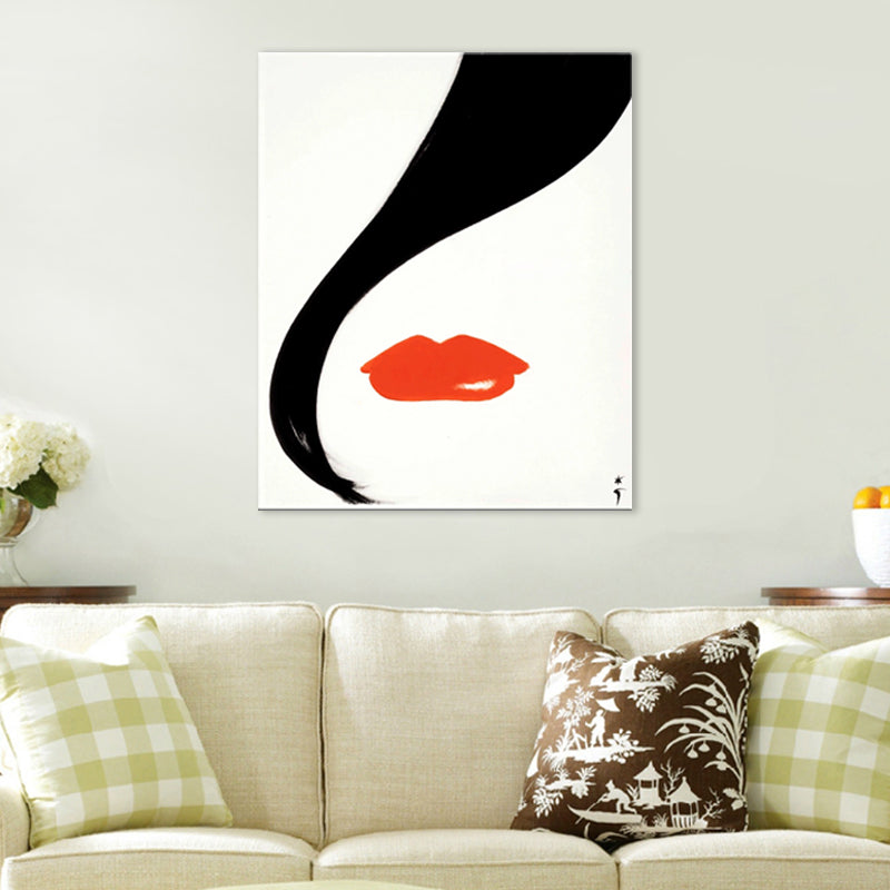 Red Lip Art Print Fashion Woman Drawing Minimalist Textured Canvas on White for Room